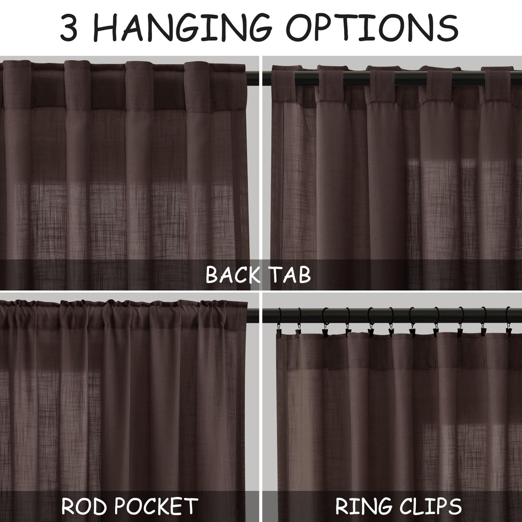 Nanspring Coffee Linen Curtains for Living Room Back Tab Rod Pocket Semi Sheer Curtain 63 Inches Long 2 Panel Set Boho Light Filtering Neutral Farmhouse Lightweight Drapes for Bedroom 52x63