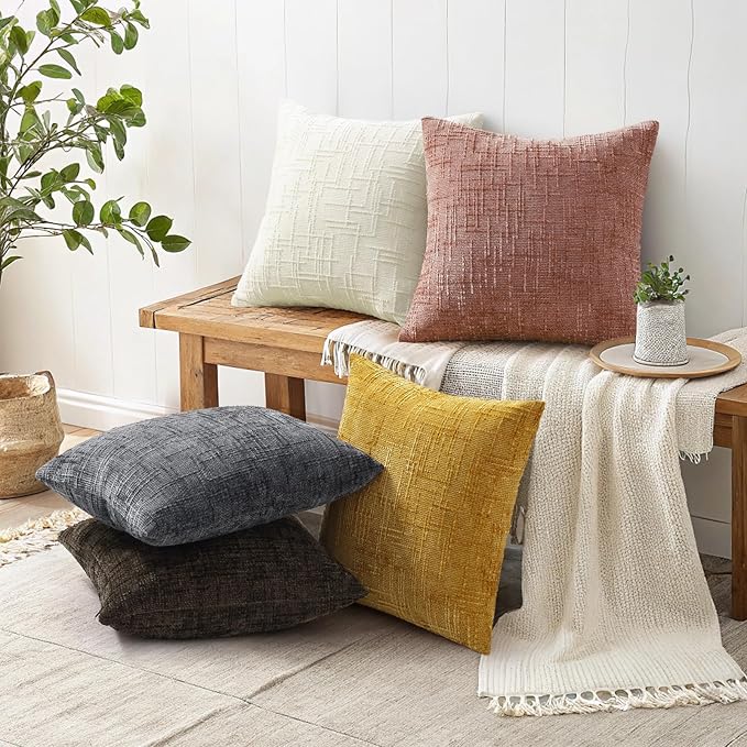 decorUhome Summer Pink Chenille Throw Pillow Covers 18x18 Set of 2 Textured Soft Cozy Slubby Couch Pillow Covers Modern Farmhouse Boho Decorative Pillow Cases for Bed Sofa Living Room