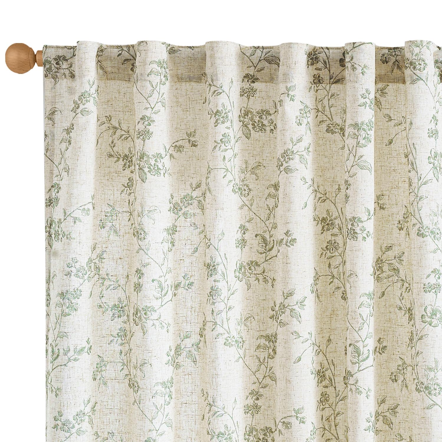 Lazzzy Green Vintage Floral Linen Curtains Farmhouse 50W X 90L 2 Panels