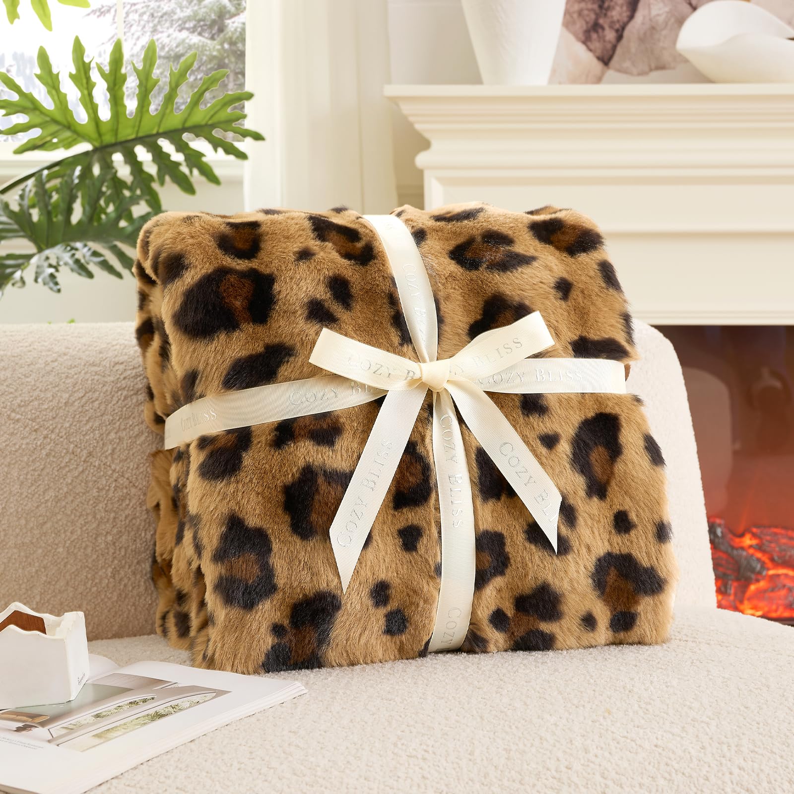 Cozy Bliss Cheetah Leopard Print Faux Fur Throw Blanket for Couch, Fuzzy Soft Plush Thick Bubble Blanket for Sofa Bedroom Living Room, 60x80 Inches Brown