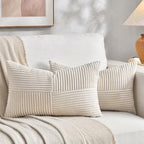 Fancy Homi 2 Packs Cream Lumbar Decorative Throw Pillow Covers 16x26 Inch for Living Room Couch Bed Sofa, Rustic Farmhouse Boho Home Decor, Soft Striped Corduroy Rectangle Accent Cushion Case