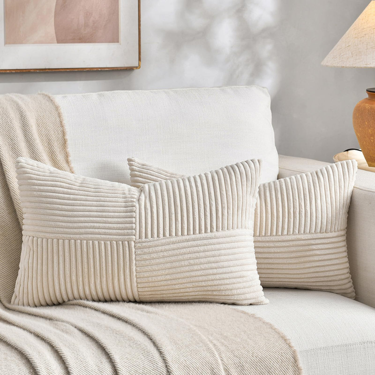 Fancy Homi 2 Packs Navy Blue Lumbar Decorative Throw Pillow Covers 16x26 Inch for Living Room Couch Bed Sofa, Farmhouse Home Decor, Soft Striped Corduroy Rectangle Accent Cushion Case 65x40 cm