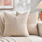 Fancy Homi 2 Packs Tan Euro Decorative Throw Pillow Covers 26x26 Inch for Living Room Couch Bed, Farmhouse Boho Home Decor, Soft Corss Corduroy Patchwork Textured Square Beige Cushion Case 66x66 cm