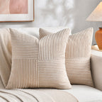 Fancy Homi 2 Packs Tan Decorative Throw Pillow Covers 18x18 Inch for Living Room Couch Bed, Rustic Farmhouse Boho Home Decor, Soft Corss Corduroy Patchwork Textured Square Beige Cushion Case 45x45 cm