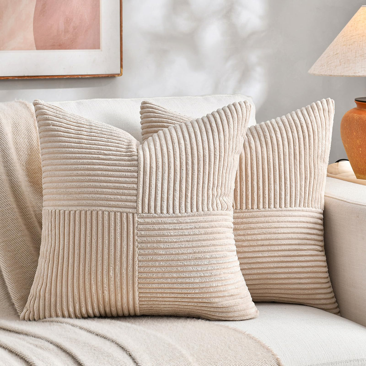 Fancy Homi 2 Packs Tan Decorative Throw Pillow Covers 22x22 Inch for Living Room Couch Bed Sofa, Rustic Farmhouse Boho Home Decor, Soft Corss Corduroy Patchwork Accent Beige Cushion Case 55x55 cm