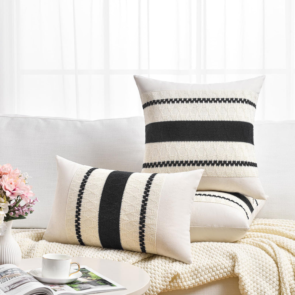 Fancy Homi Set of 1 Boho Black Long Lumbar Decorative Throw Pillow Cover 14x24 Inch for Couch Bed Sofa Chair, Modern Organic Farmhouse Home Decor, Soft Cotton Cute Accent Rectangle Cushion Case