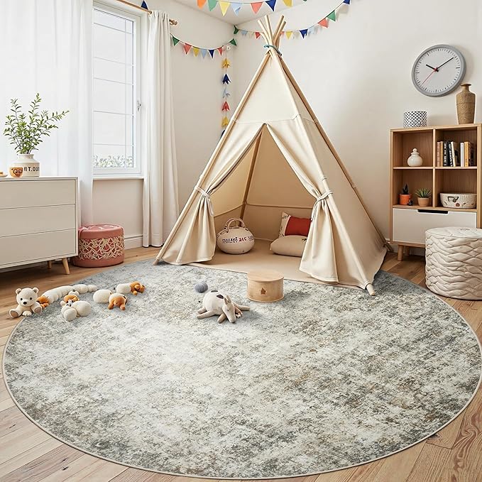 Aelenmu Round Rug 8ft Washable Rug for Dining Room Living Room Beige Brown