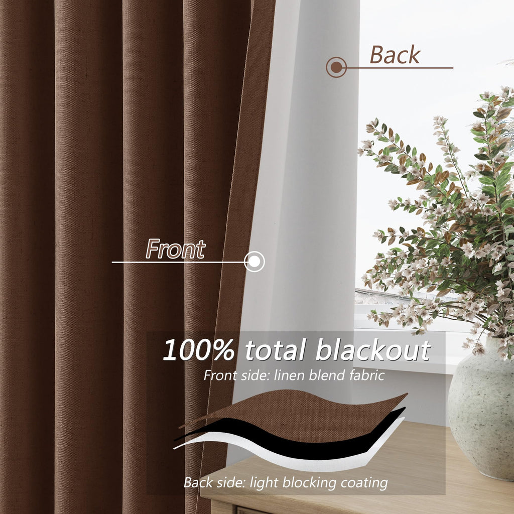 Guken 100% Blackout Curtains 72 Inch Length 2 Panels Set for Living Room Bedroom Back Tab Thermal Insulated Black Out Linen Drapes Room Darkening Window Curtains 72 Inches Long,Rustic Brown