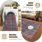 Washable Area Rug 5' x 7' Vintage Traditional Persian Mat - Foldable Distressed Non-Slip Machine Washable Carpet for Living Room Bedroom Kitchen Home Decor - Indigo and Crimson