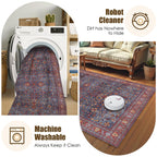 Washable Area Rug 4' x 6' Vintage Traditional Persian Mat - Foldable Distressed Non-Slip Machine Washable Carpet for Living Room Bedroom Kitchen Home Decor - Indigo and Crimson