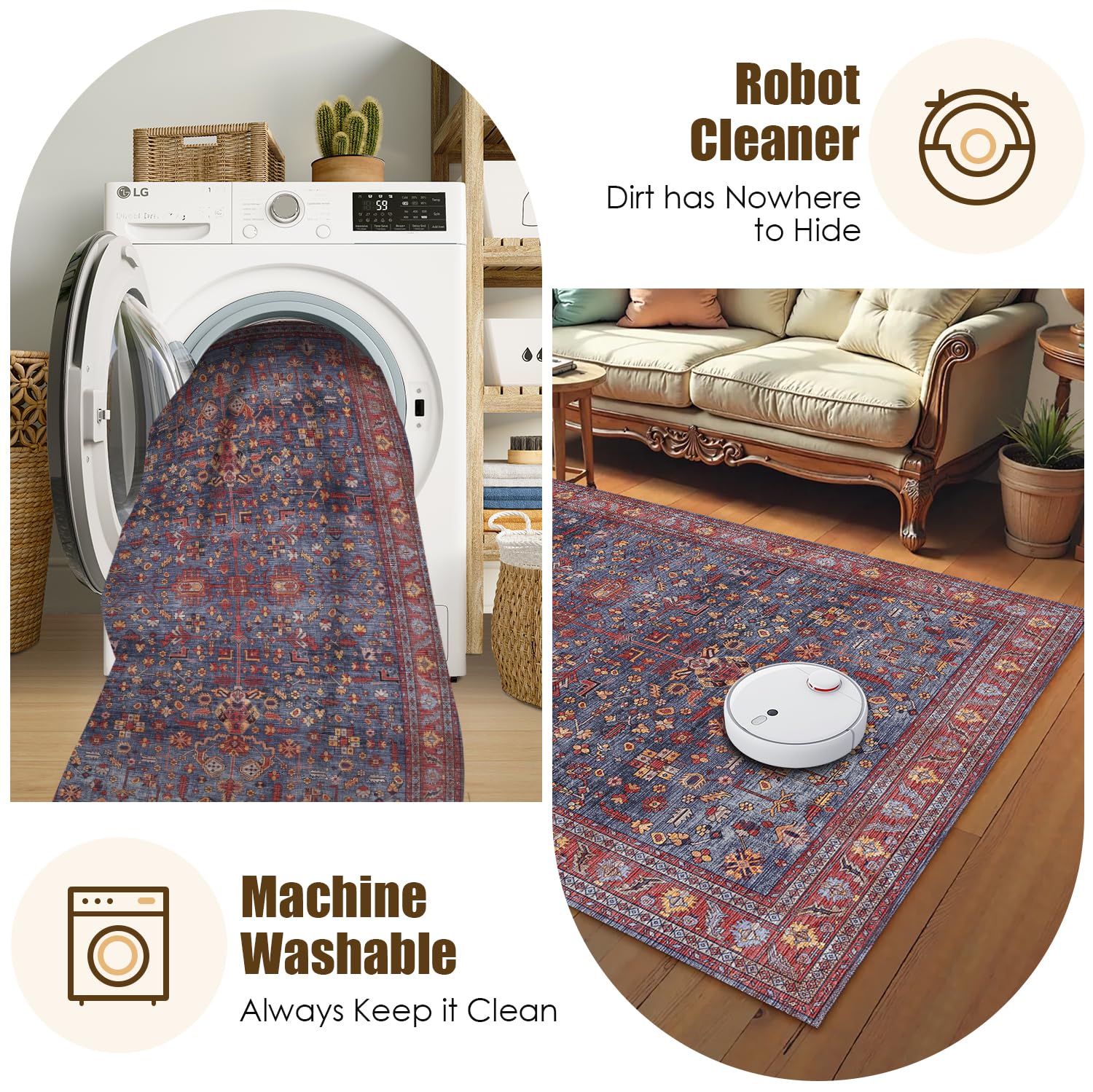 Washable Area Rug 4' x 6' Vintage Traditional Persian Mat - Foldable Distressed Non-Slip Machine Washable Carpet for Living Room Bedroom Kitchen Home Decor - Indigo and Crimson