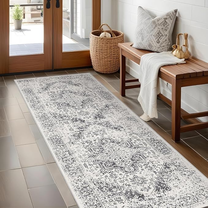 EISUROM 2x5 Washable Runner Rug: Vintage Medallion Kitchen Soft Rugs Gray