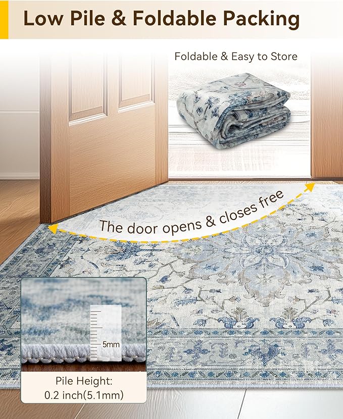 Area Rugs Square 7ft Washable Non-Slip, Floral Vintage Distress Print Pattern Medallion Carpet for Living Room Bedroom Dining Room, Light Blue Navy Beige Gray White