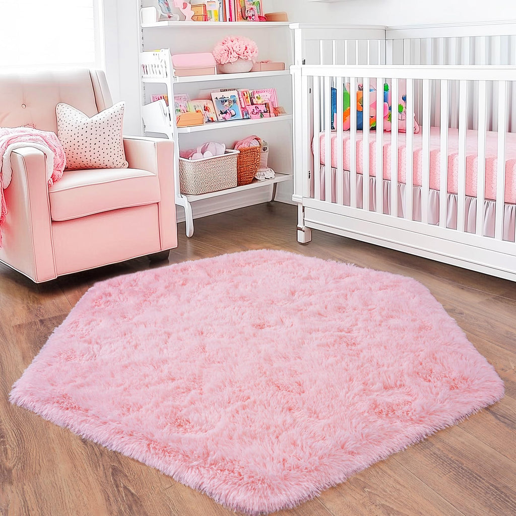 Quntue 4x4.6 Feet Pink Hexagon Rugs for Princess Tent, Ultra Soft Fluffy Hexagon Area Rug for Bedroom, Cute Shag Rugs for Girls Room, Fuzzy Plush Carpet for Kids Room Tent Castle Home Decor