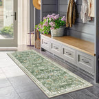 Yamaziot Washable Runner Rug 2x10 – Floral Non Slip Boho Hallway Runner Rug with Rubber Backing, Low Pile Faux Wool Distressed Carpet for Kitchen, Laundry, Bedroom, Entrance, Green