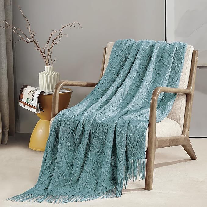 BOURINA Blue Throw Blanket 50 x70 Inch Jacquard Throw Knitted Blanket