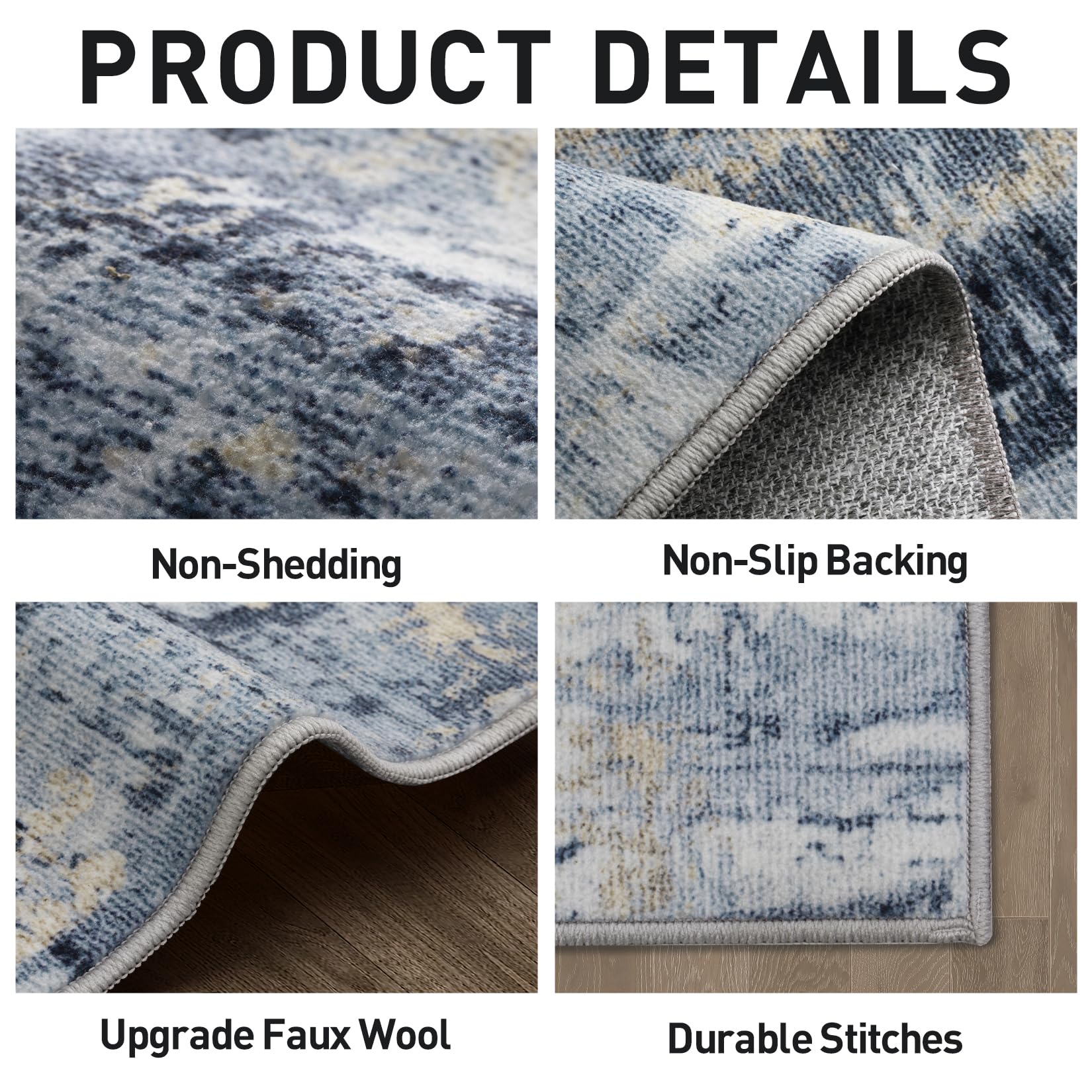 9x12 Area Rugs for Living Room: Washable Abstract Blue Gold Badroom Carpet