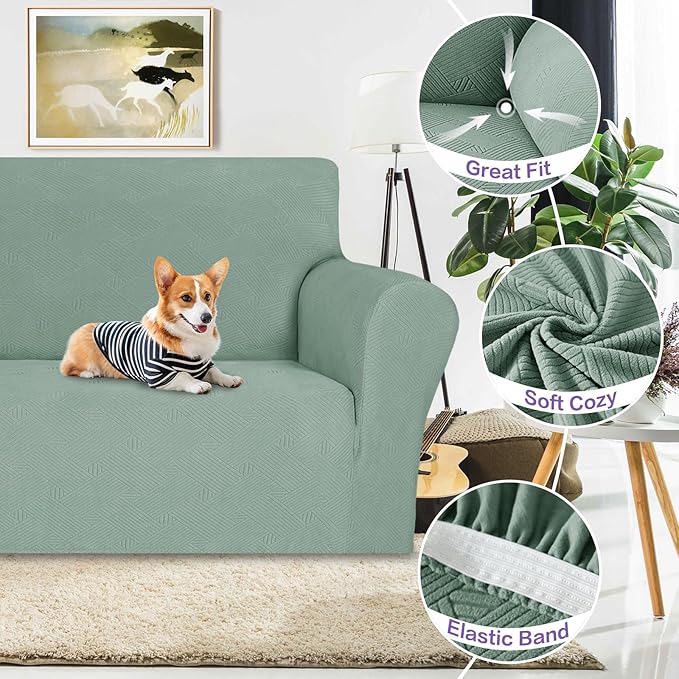 ZNSAYOTX Super Stretch Loveseat Covers (57"-70"), New Striped Love Seat Slipcover, Dogs Pet Friendly Anti-Slip Couch Protector Spandex Durable 2 Seater Fabric Sofa Cover (Pea Green, Loveseat)