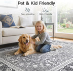 Lofus 8x10 Area Rugs for Living Room, Machine Washable Non-Slip Area Rug, Low Pile Large Rugs for Bedroom, Kitchen, Dining Room, Home Office, Vintage Oriental Print Rug, Light Grey with White