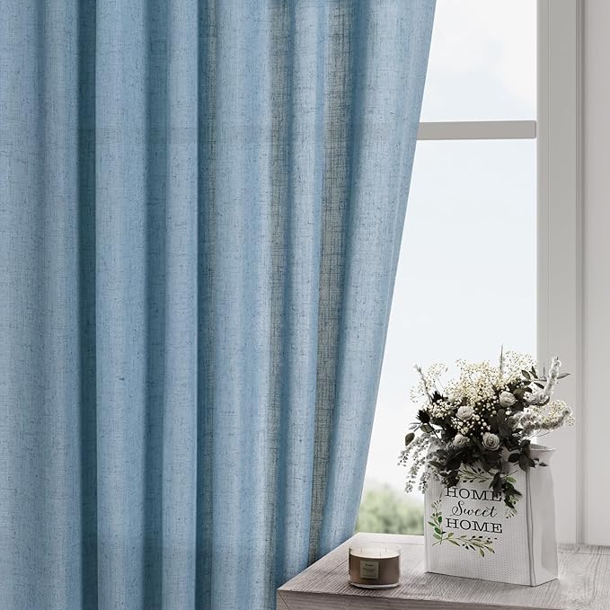 Blue Linen Curtains 102 Inches Long for Living Room 2 Panel Set Back Tab Rod Pocket Dusty Blue Semi Sheer Curtains Light Filtering Burlap Extra Long Drapes Farmhouse Decor for High Window 40x102