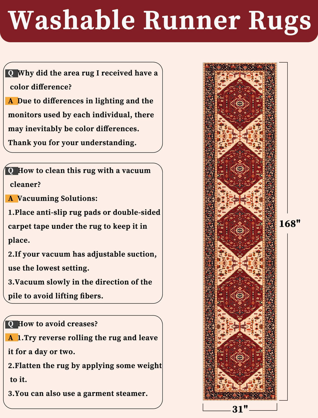 SERISSA 2'6"x14' Washable Non Slip Boho Runner Rug for Hallway，Red Black