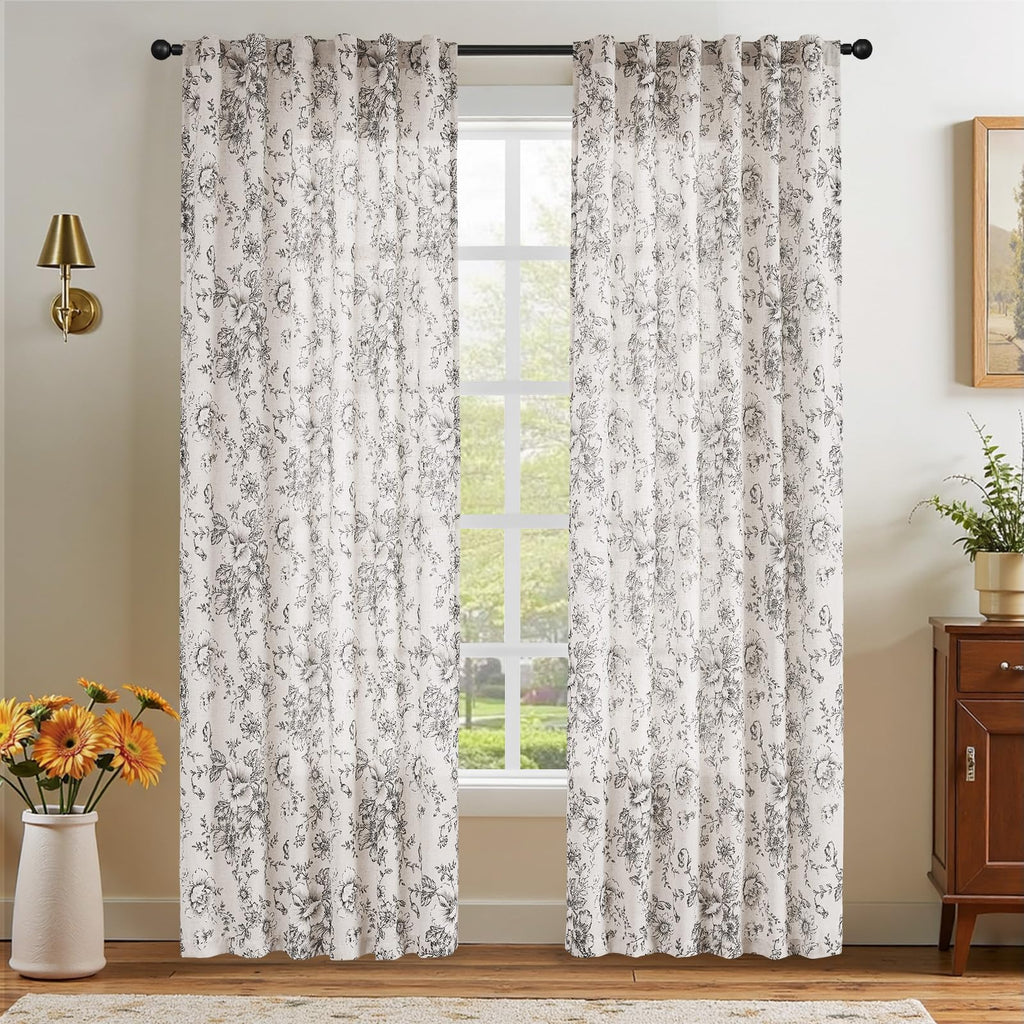 jinchan Vintage Floral Linen Curtains 90 Long for Living Room 2 Panels