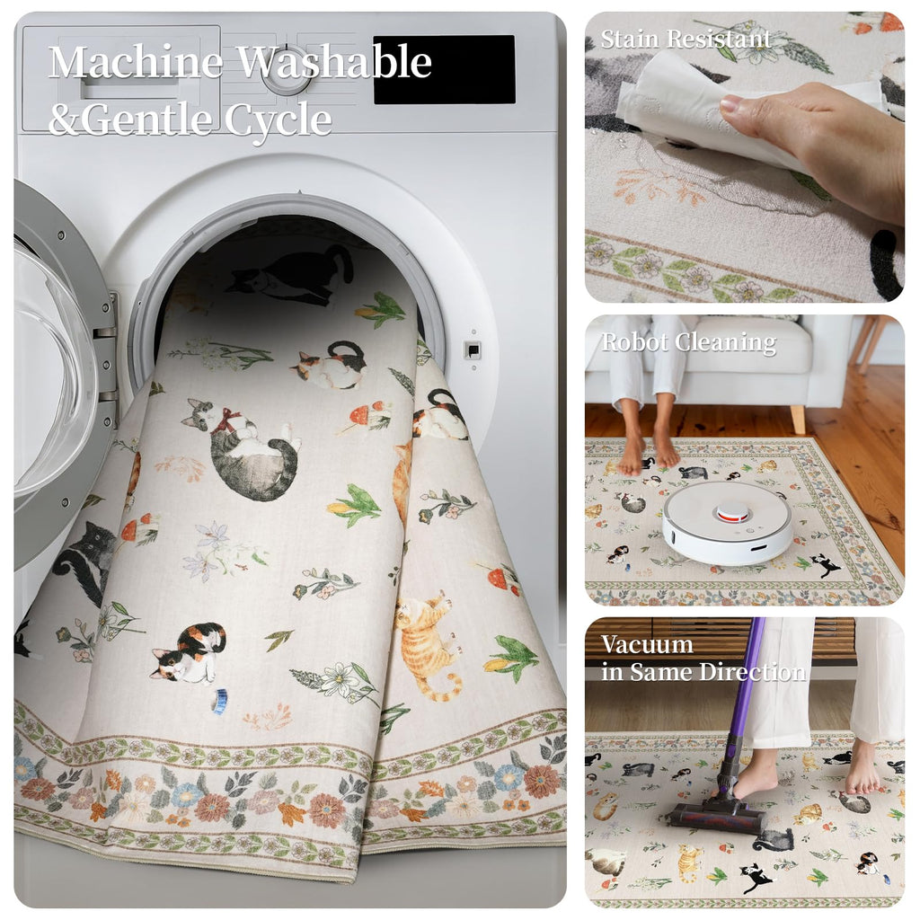 2x12 Washable Hallway Runner Rug: Long Floral Cat Print Soft Rug LightBeige