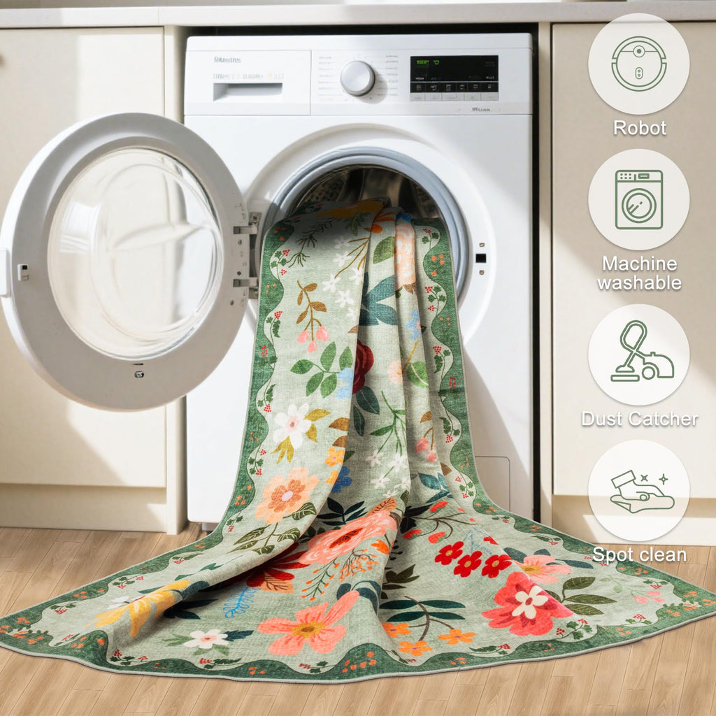 PLHXFR 8x10 Area Rug Living Room: Floral Washable Boho Soft Carpet Green