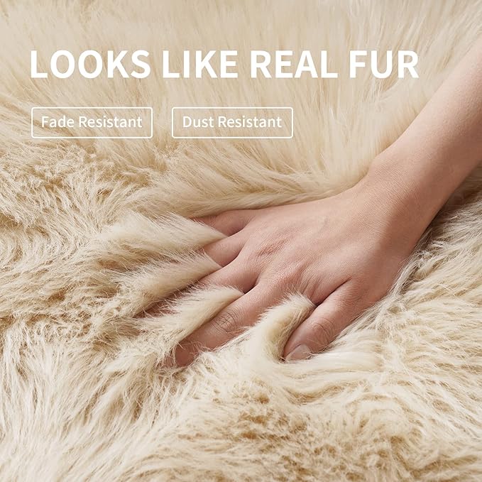 Beige Fluffy Rug for Bedroom, 2'X6' Faux Fur Rug for Runner, Soft Shag Rug for Sofa Couch Cushion, Cozy Shaggy Fuzzy Plush Floor Carpet for Nursery, Cute Bedside Dorm Home Decor Rectangle