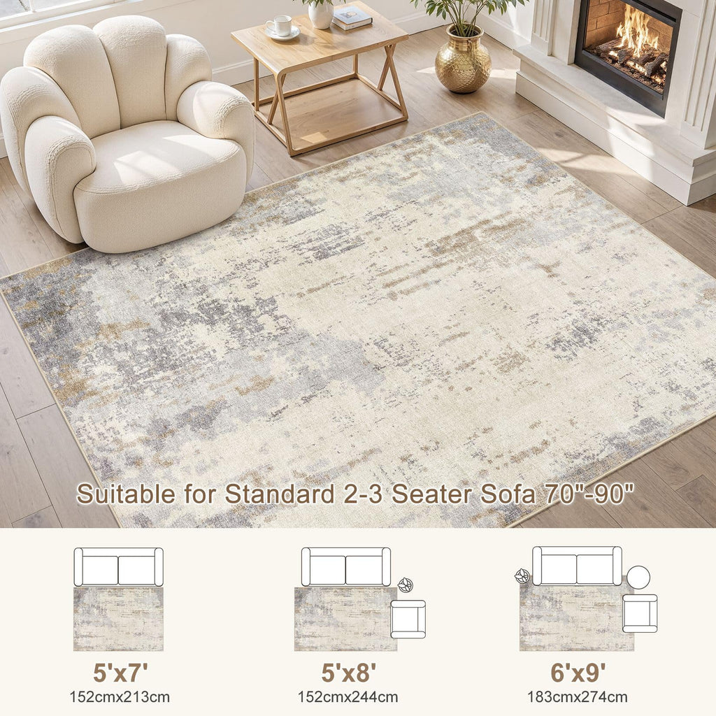 UERMEI 5x7 Area Rug Living Room Rugs - Washable Neutral Modern Abstract Soft Thin Rug Indoor Floor No Slip Rug Carpet for Bedroom Under Dining Table Home Office Decor - Light Brown/Gray
