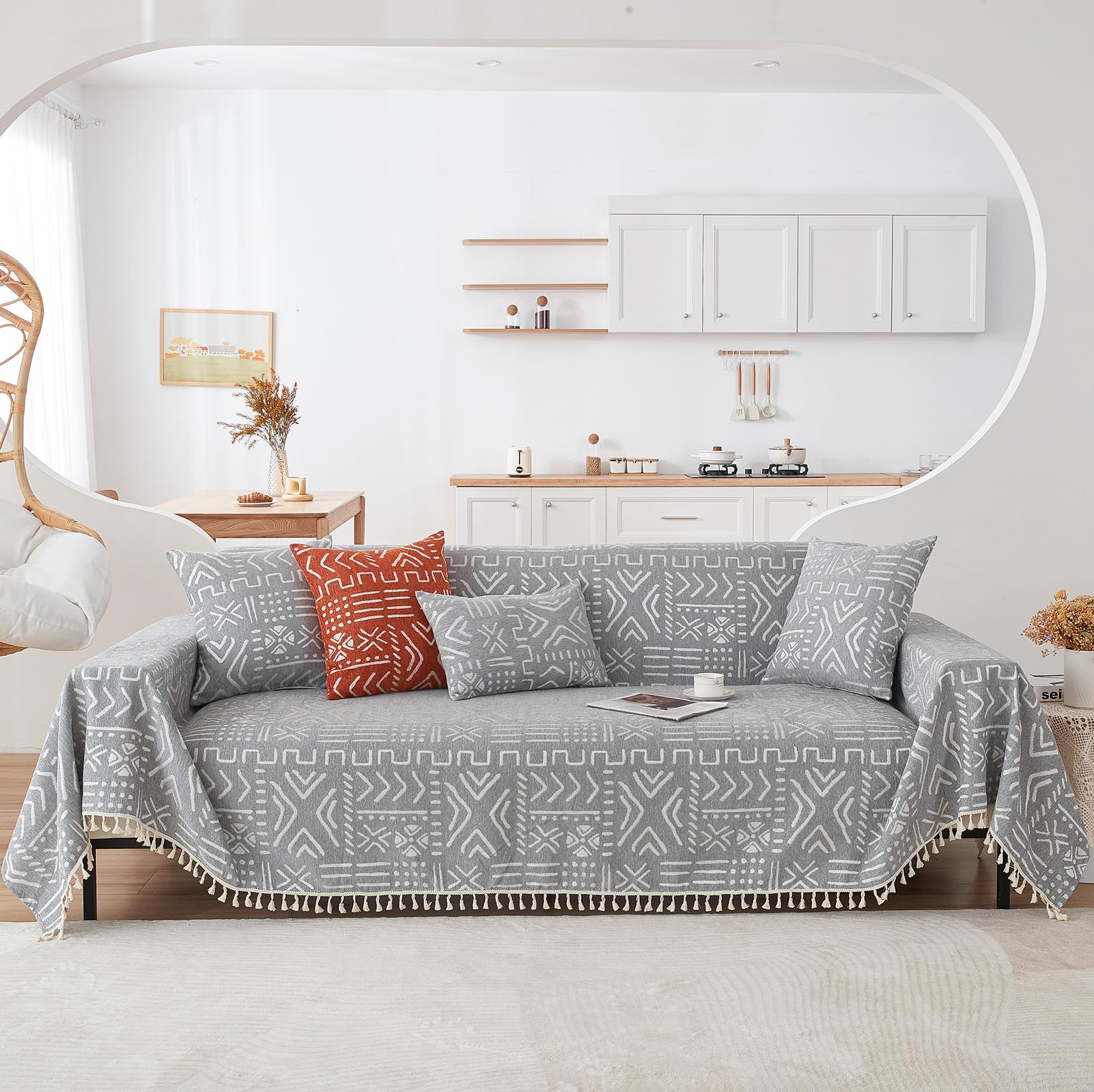 HANDONTIME Bohemian Grey and White Couch Cover for Dogs Aztec Tribal Sofa Covers for 3 Cushion Couch Aesthetic Tassel Couch Slipcover Sofa Seat Cover Universal Loverseat Cover Futon Cover, 71" X150"