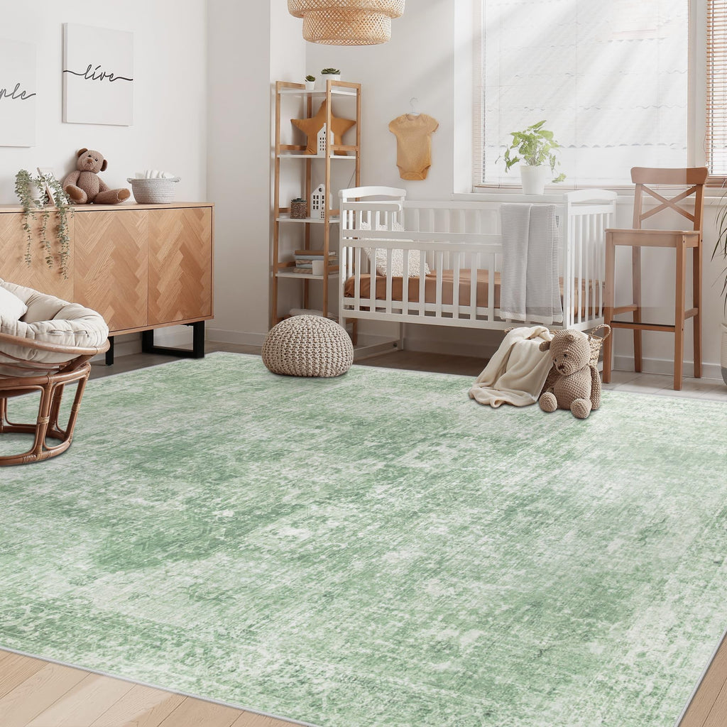 VECARF Area Rug 6x9 Washable Rug, Vintage Boho Medallion Rugs Non-Slip Soft Low Pile Large Distressed Rug Indoor Retro Carpet for Living Room Bedroom Dining Room Home Office (SageGreen, 6'x9')