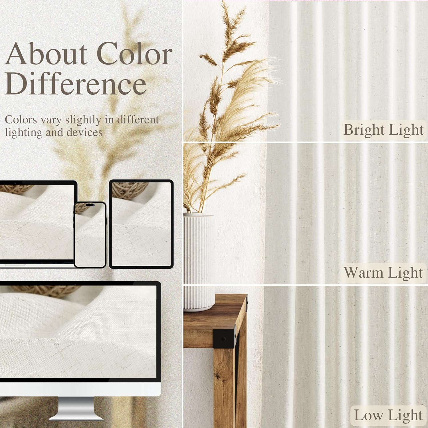 Nanspring Cream Linen Curtains 63 Inch for Bedroom Natural Semi Sheer Light Filtering Boho Curtains Back Tab and Rod Pocket Panels for Living Room 34 x 63 Inch, 2 Panels