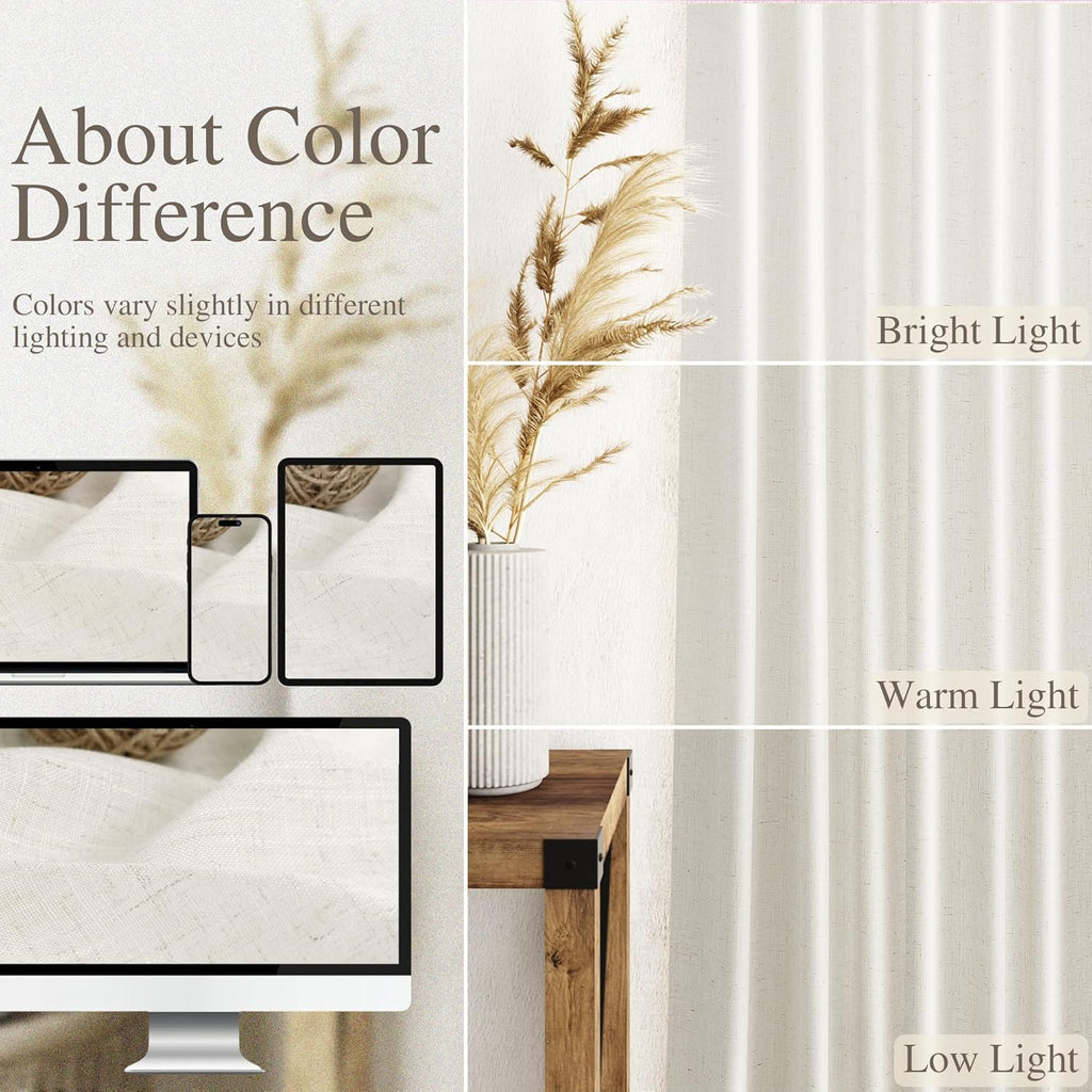 Nanspring 60 Inch Length Linen Curtains Cream Semi Sheer Light Filtering Back Tab and Rod Pocket Neutral Curtains for Bedroom Living Room 34 x 60 Inch,2 Panels