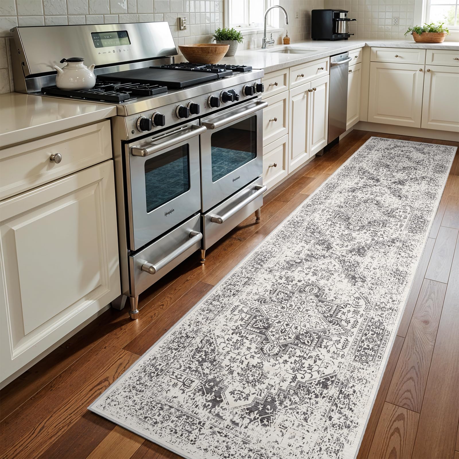 3x12 Washable Hallway Runner Rug: Long Vintage Soft Non Slip Rug Gray