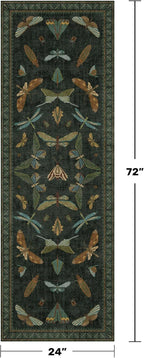 Hazo Haus Washable Insect 2x6 Runner Rug for Hallway- Stain Resistant Kitchen Runners, Floral Whimsical Indoor Floor Mat for Bathroom, Soft Non Slip with Rubber Backed, Dark Green