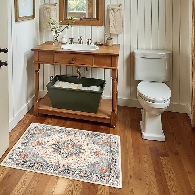 RELEANY Washable Area Rug, Small 2'x4', Beige/Blue/Orange