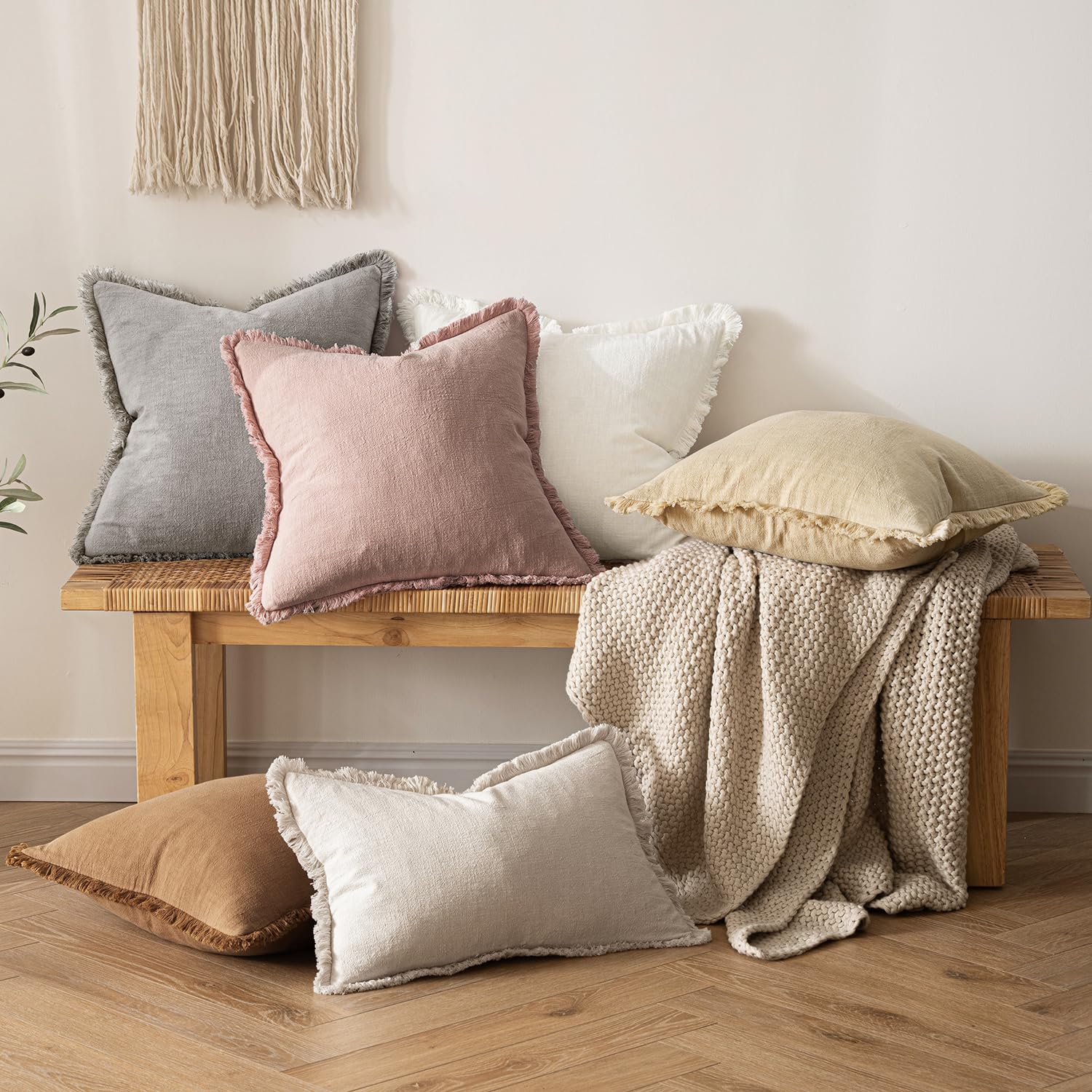 MIULEE Boho Linen Fringe Decorative Throw Pillow Covers Pink 18x18