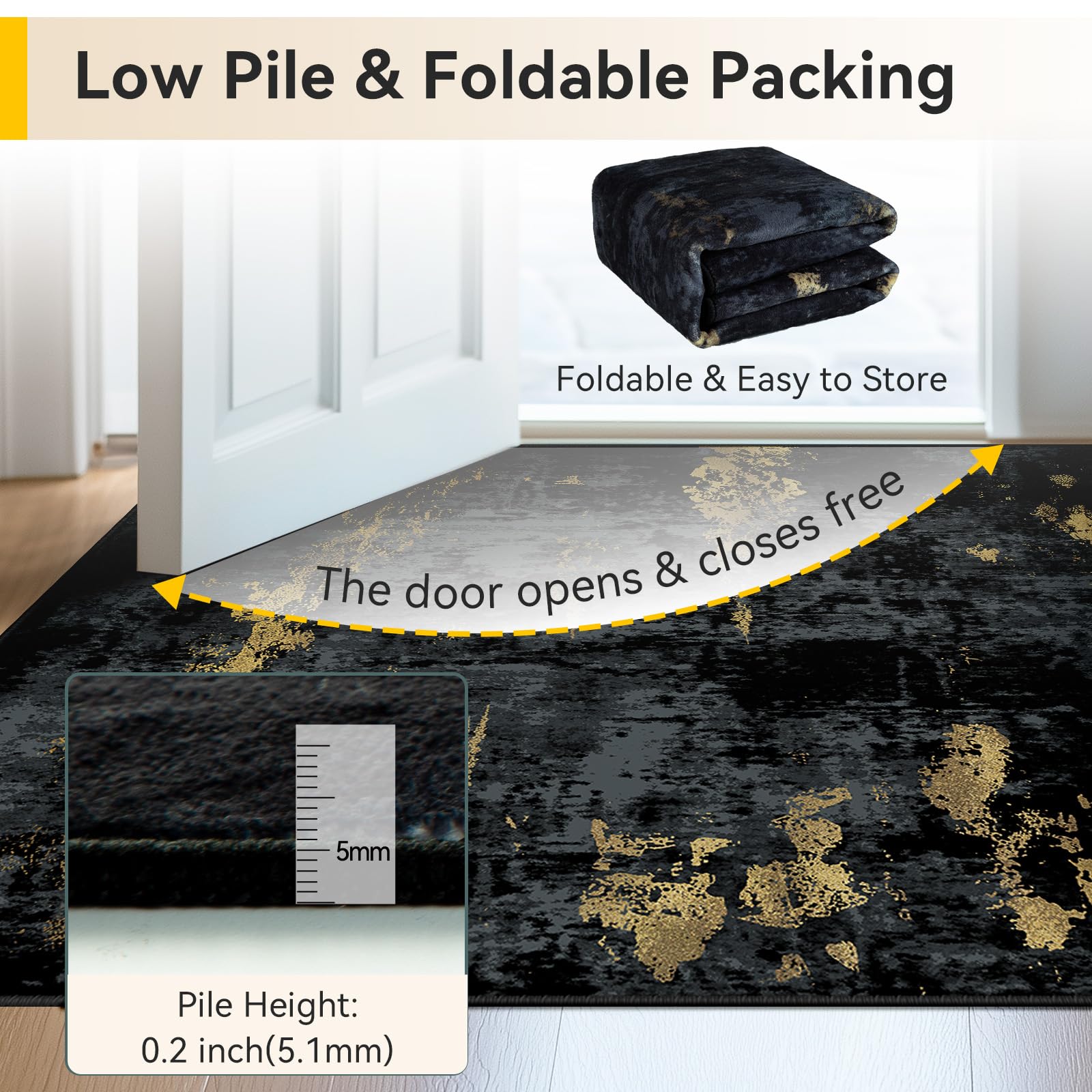 RELEANY Washable 6'x9' Abstract Area Rug for Living Room Black Gold