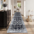 Yamaziot Washable Runner Rug 2x12 – Non Slip Boho Floral Hallway Runner Rug with Rubber Backing, Low Pile Faux Wool Distressed Carpet for Kitchen, Laundry, Bedroom, Entrance, Navy/Black
