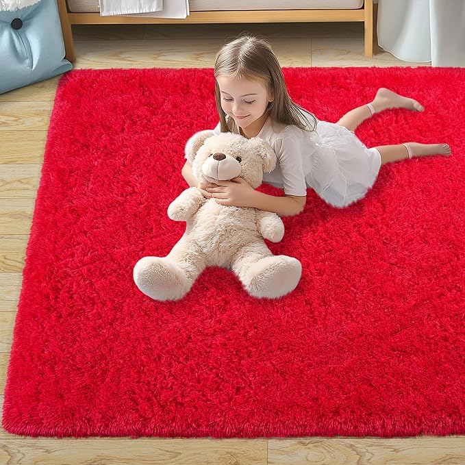 Pionblank Large Rug for Living Room 6x9 Feet, Modern Soft Shag Area Rug, Plush Fuzzy Carpet for Bedroom Girls Boys Room Home Nursery Teens Dorm Decor, Red