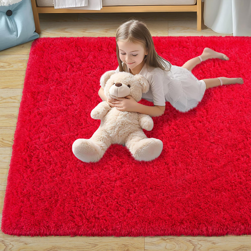 Pionblank Fluffy Area Rug for Bedroom 4x6 Feet, Indoor Plush Carpet, Red