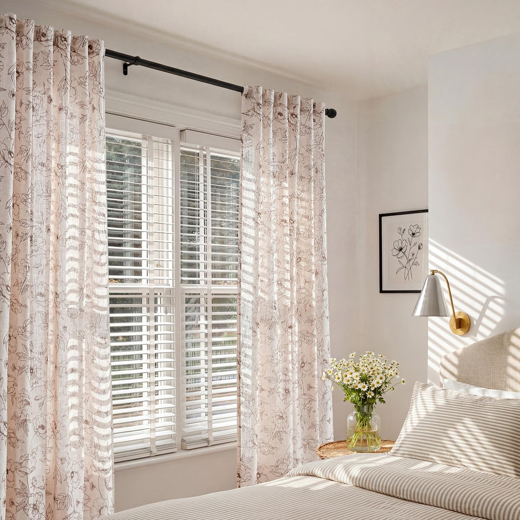 jinchan Floral Linen Curtains for Living Room 84 Inch Length Brown Flower Curtain Rod Pocket Back Tab Farmhouse Curtains with Printed Floral Bedroom Window Curtain Set, 2 Panels Brown
