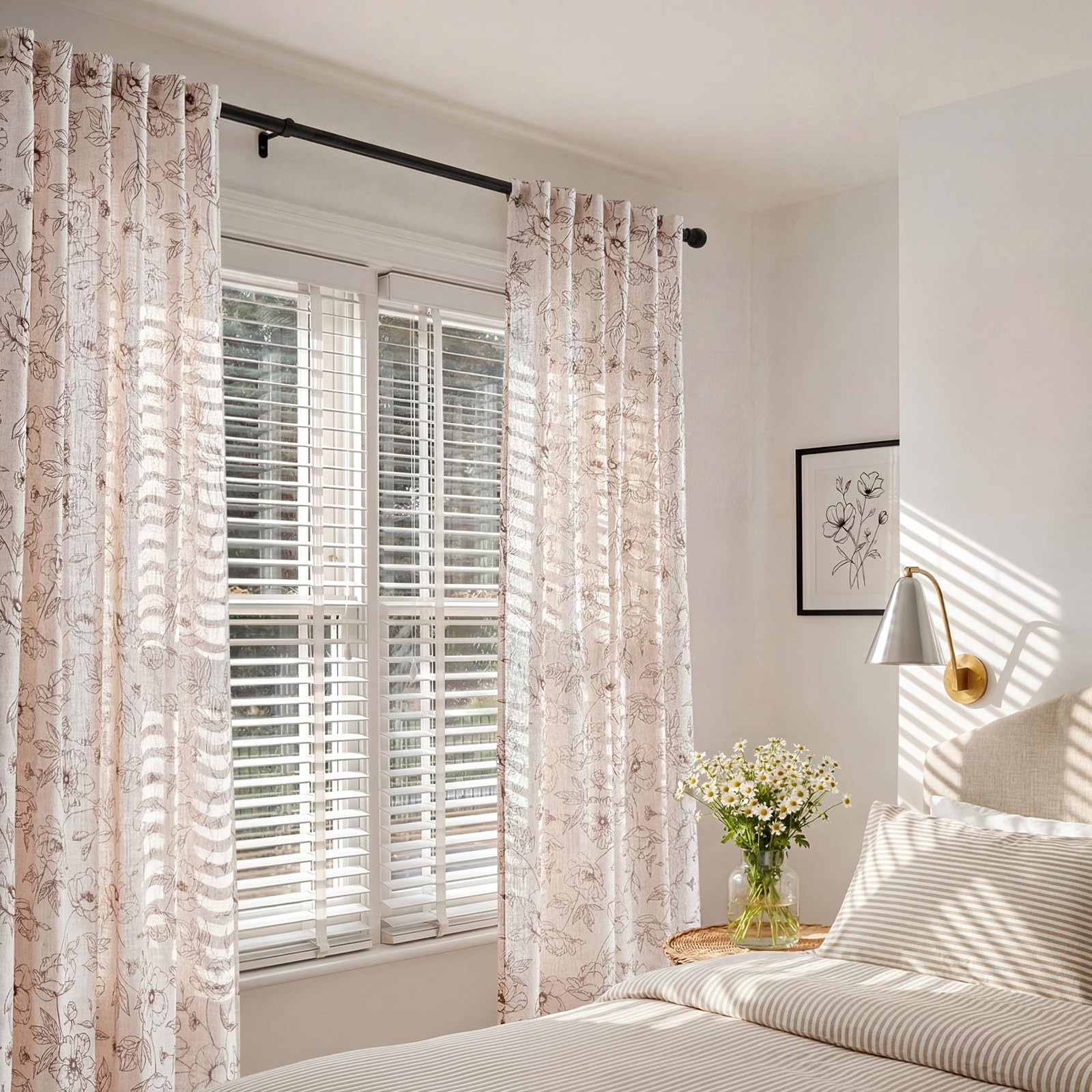 jinchan Floral Linen Curtains for Living Room 84 Inch Length Brown Flower Curtain Rod Pocket Back Tab Farmhouse Curtains with Printed Floral Bedroom Window Curtain Set, 2 Panels Brown