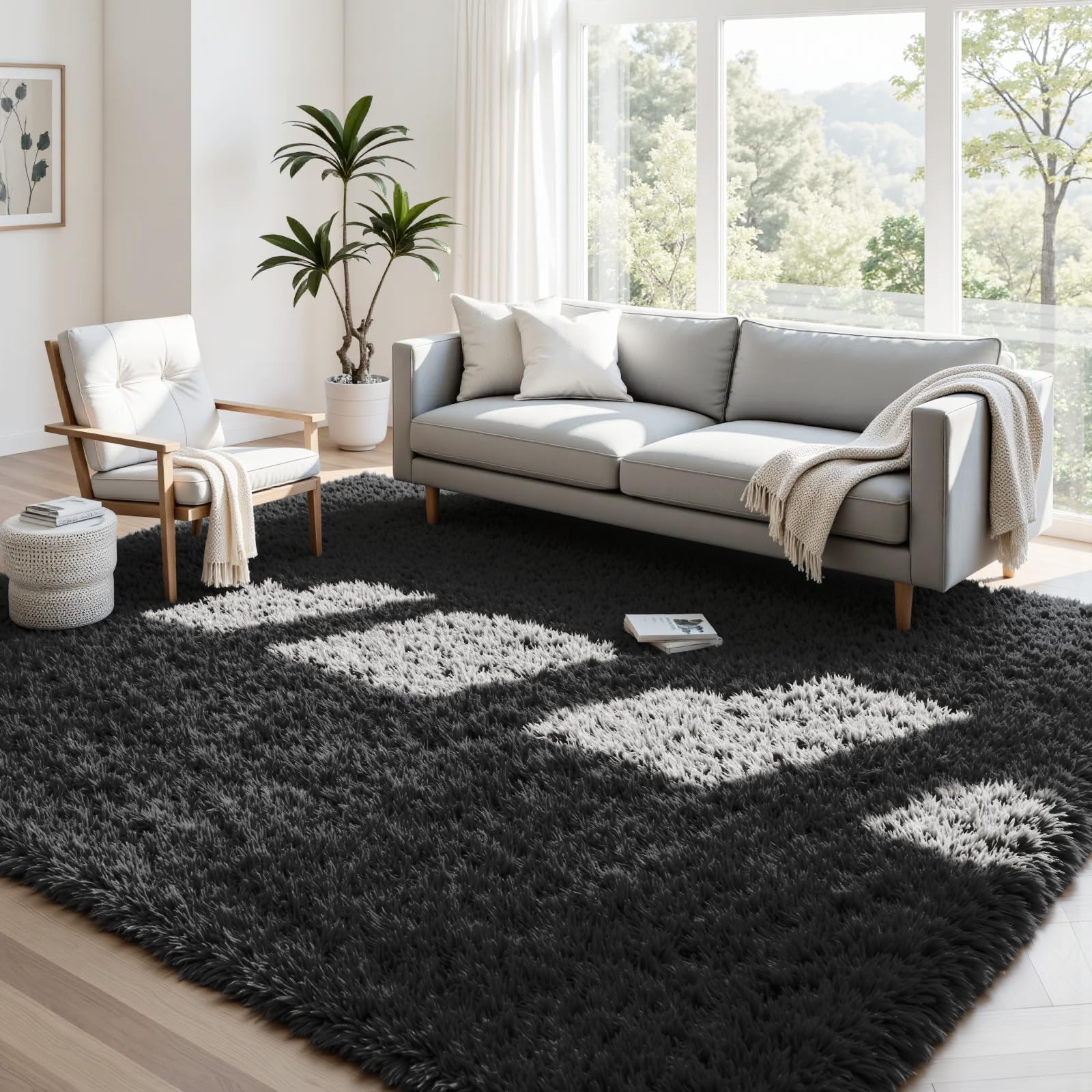 4x6 Fluffy Shag Area Rugs for Living Room Bedroom: Soft Plush Carpet Black