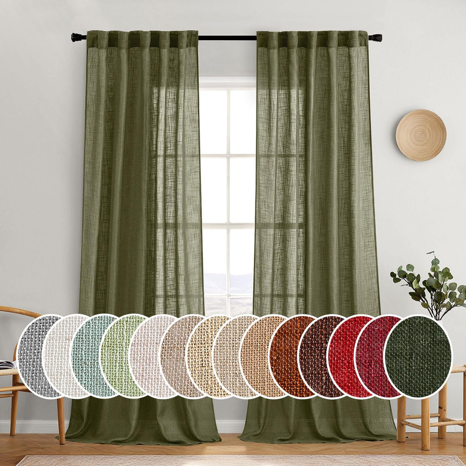 MIULEE Light Olive Green Linen Curtains 52x108 Inch 2 Panels for Bedroom