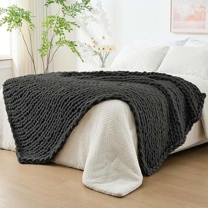 Bigacogo Chunky Knit Throw Blanket for Couch, 80x90 inches, Dark Grey