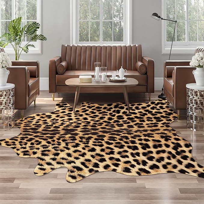 AROGAN Premium Leopard Print Rug 4.6x5.2 Feet, Machine Washable Faux Fur Cheetah Rug, Non-Slip Animal Print Hide Leopard Skin Area Rug for Bedroom Living Room Home Decor