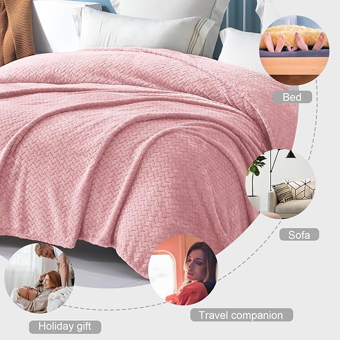 Exclusivo Mezcla Fleece Twin Size Blanket for Bed, 90x66 Inches Soft Cozy Jacquard Flannel Blankets, Lightweight Fuzzy Plush for Women, Pink