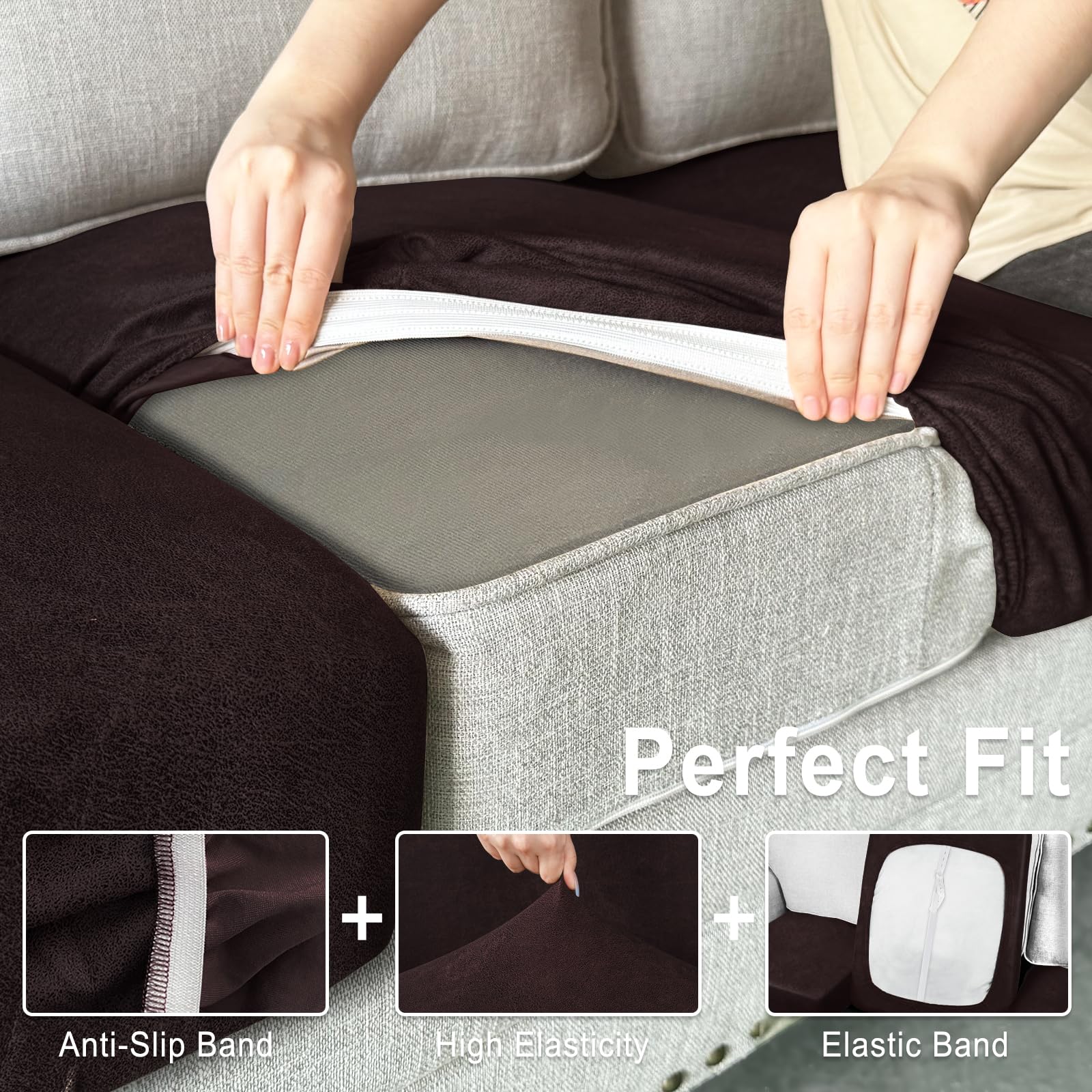 ANARACHON Leather Look Couch Cushion Covers Sofa Seat Slipcovers Sets Couches Furniture Protector for Sectional Armchair Loveseat Pets Kids Stretch Spandex Fabric (3 Cushion XL Sofa, Chocolate)